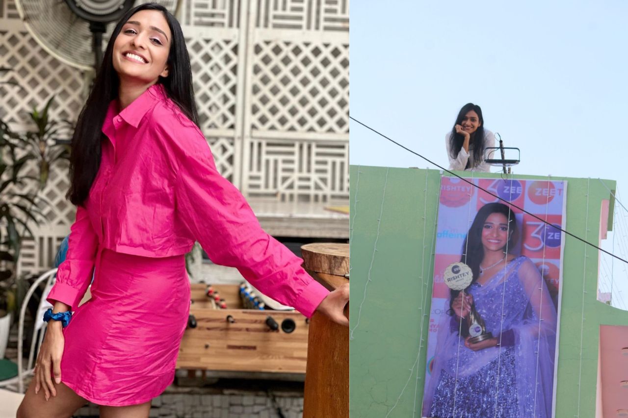 Aishwarya Khare's father hung a large poster of her at his home in Bhopal to celebrate his daughter's achievements!